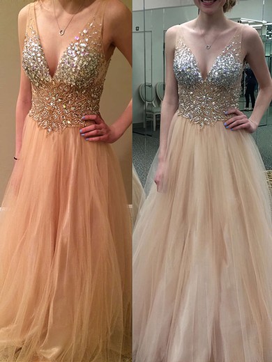 Princess V-neck Tulle Floor-length Crystal Detailing Prom Dresses #Favs020104498
