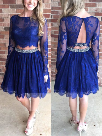 Two Piece A-line Scoop Neck Lace Knee-length Beading Long Sleeve Homecoming Dresses #Favs020102552