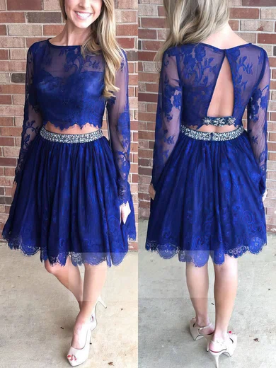 Two Piece A-line Scoop Neck Lace Knee-length Beading Long Sleeve Short Prom Dresses #Favs020102552