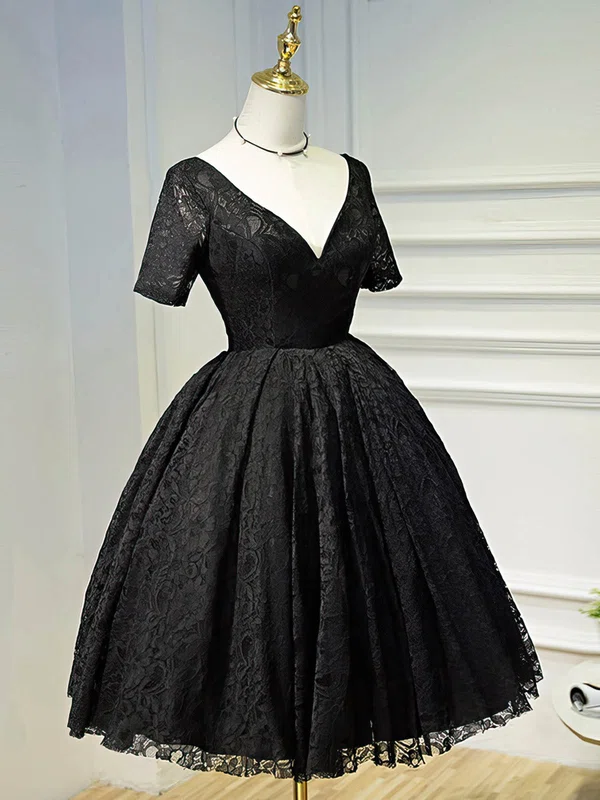 A-line V-neck Lace Short/Mini Ruffles Black Short Sleeve Backless Vintage Prom Dresses #Favs020103687