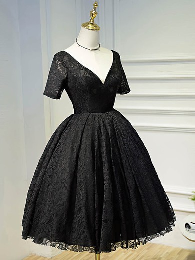A-line V-neck Lace Short/Mini Ruffles Black Short Sleeve Backless Vintage Short Prom Dresses #Favs020103687