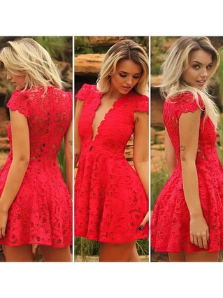 Short/Mini Red Lace Ruffles with Cap Straps V-neck Short Prom Dresses #Favs02016830 Short/Mini Red Lace Ruffles with Cap Straps V-neck Short Prom Dresses #Favs02016830