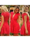 Short/Mini Red Lace Ruffles with Cap Straps V-neck Short Prom Dresses #Favs02016830