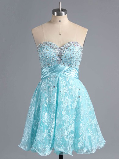 A-line Sweetheart Lace Short/Mini Beading Short Prom Dresses #Favs02042339