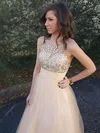 A-line Scoop Neck Tulle Floor-length Beading Prom Dresses #Favs020104502