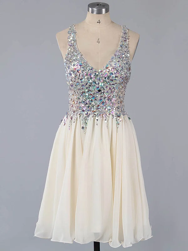 A-line V-neck Lace Chiffon Short/Mini Ruffles Short Prom Dresses #Favs02016363