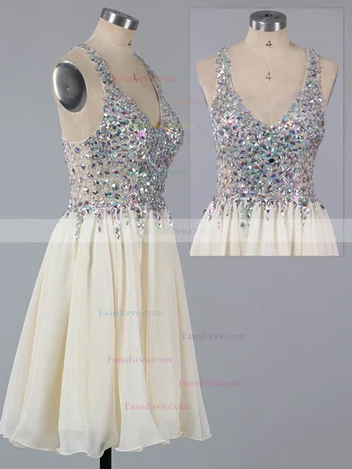 A-line V-neck Lace Chiffon Short/Mini Ruffles Short Prom Dresses #Favs02016363