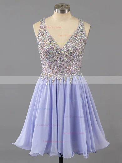 A-line V-neck Lace Chiffon Short/Mini Ruffles Short Prom Dresses #Favs02016363