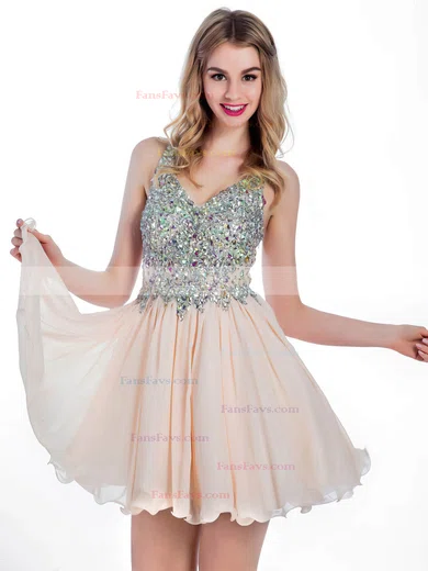 A-line V-neck Lace Chiffon Short/Mini Ruffles Short Prom Dresses #Favs02016363
