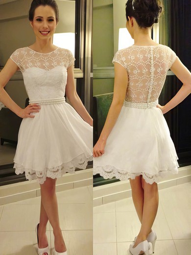 Short/Mini Lace Chiffon with Pearl Detailing New Style Ivory Short Sleeve Prom Dresses #Favs02019813