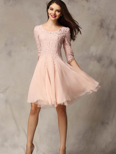 A-line Scoop Neck Lace Chiffon Tulle Short/Mini Appliques Lace Short Prom Dresses #Favs02018178