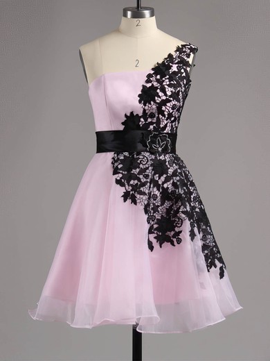 A-line One Shoulder Lace Chiffon Tulle Short/Mini Appliques Lace Short Prom Dresses #Favs02042082