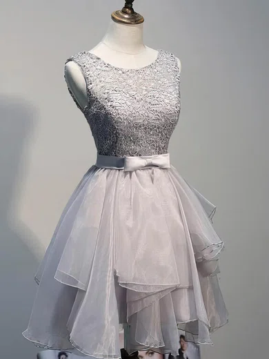 A-line Scoop Neck Lace Organza Short/Mini Sashes / Ribbons 2016 Short Prom Dresses #Favs020102423