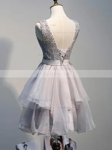 A-line Scoop Neck Lace Organza Short/Mini Sashes / Ribbons 2016 Short Prom Dresses #Favs020102423