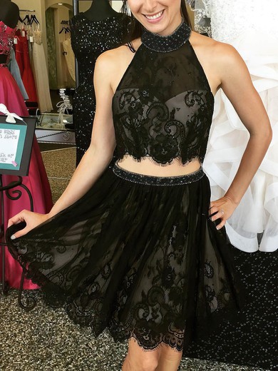 A-line High Neck Lace Satin Short/Mini Beading Black Two Piece Cute Prom Dresses #Favs020103327