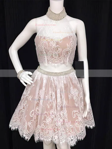 Ball Gown High Neck Lace Satin Short/Mini Beading Black Two Piece Cute Short Prom Dresses #Favs020103327