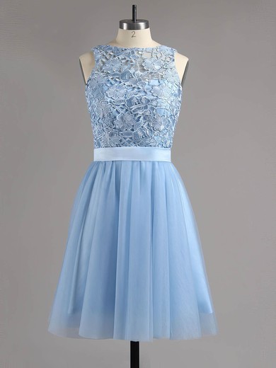 A-line Scoop Neck Lace Tulle Short/Mini Sashes / Ribbons Backless Sweet Short Prom Dresses #Favs020100826