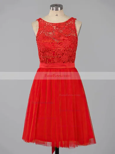 A-line Scoop Neck Lace Tulle Short/Mini Sashes / Ribbons Backless Sweet Short Prom Dresses #Favs020100826