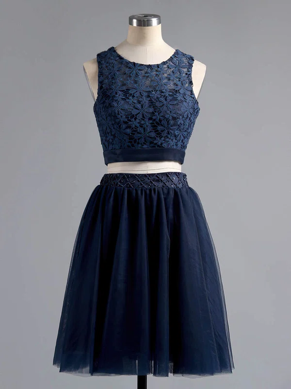 Two Piece A-line Scoop Neck Lace Tulle Short/Mini Beading Dark Navy Short Prom Dresses #Favs020101441
