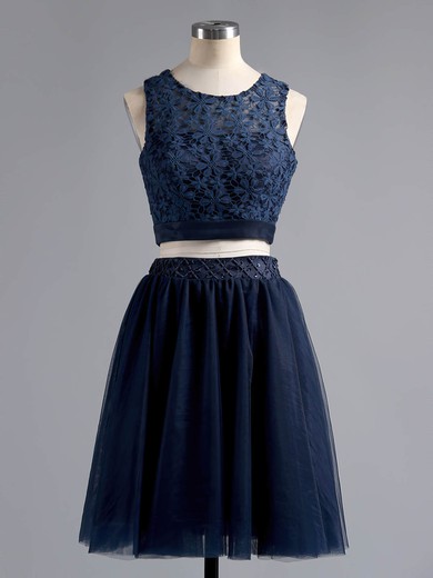 Two Piece A-line Scoop Neck Lace Tulle Short/Mini Beading Dark Navy Homecoming Dresses #Favs020101441