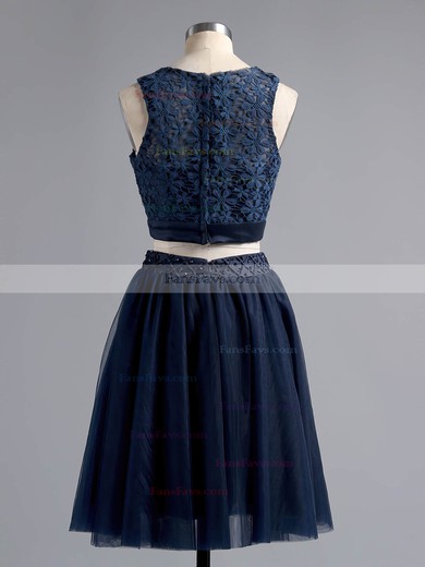 Two Piece A-line Scoop Neck Lace Tulle Short/Mini Beading Dark Navy Homecoming Dresses #Favs020101441