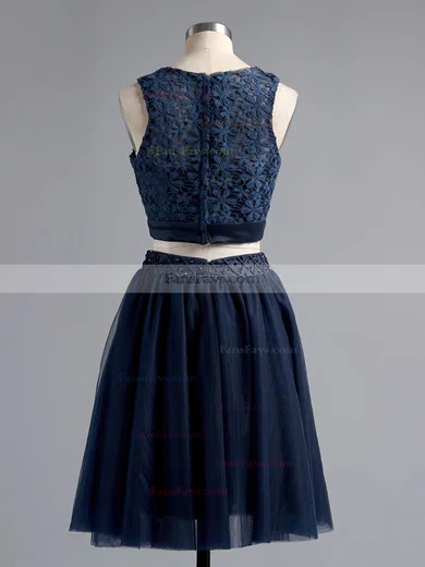 Two Piece A-line Scoop Neck Lace Tulle Short/Mini Beading Dark Navy Short Prom Dresses #Favs020101441