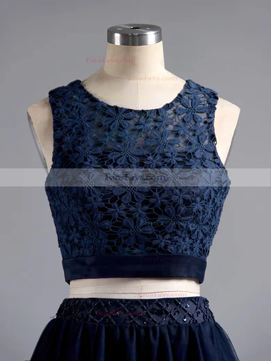 Two Piece A-line Scoop Neck Lace Tulle Short/Mini Beading Dark Navy Short Prom Dresses #Favs020101441