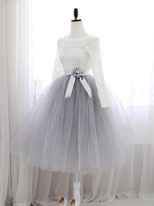 Sweet A-line Scalloped Neck Lace Tulle Knee-length Sashes / Ribbons Long Sleeve Short Prom Dresses #Favs020102849 Sweet A-line Scalloped Neck Lace Tulle Knee-length Sashes / Ribbons Long Sleeve Short Prom Dresses #Favs020102849