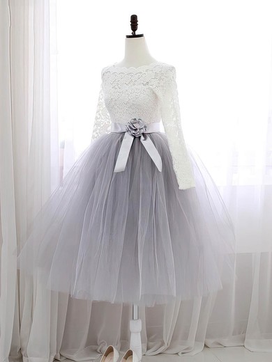 Sweet A-line Scalloped Neck Lace Tulle Knee-length Sashes / Ribbons Long Sleeve Prom Dresses #Favs020102849