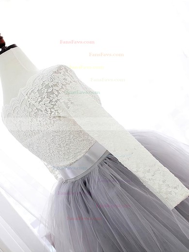 Sweet A-line Scalloped Neck Lace Tulle Knee-length Sashes / Ribbons Long Sleeve Short Prom Dresses #Favs020102849