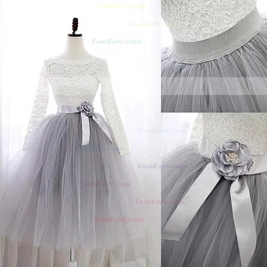 Sweet A-line Scalloped Neck Lace Tulle Knee-length Sashes / Ribbons Long Sleeve Short Prom Dresses #Favs020102849