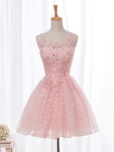 A-line Scoop Neck Lace Tulle Short/Mini Beading Pretty Short Prom Dresses #Favs020102854