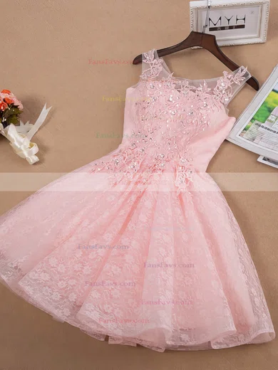 A-line Scoop Neck Lace Tulle Short/Mini Beading Pretty Short Prom Dresses #Favs020102854