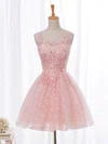 A-line Scoop Neck Lace Tulle Short/Mini Beading Pretty Short Prom Dresses #Favs020102854