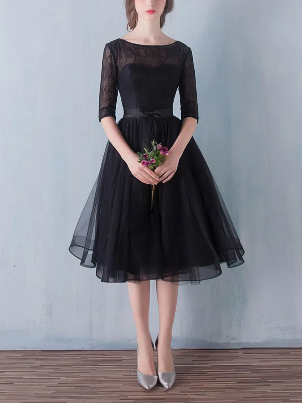 Black A-line Scoop Neck Lace Tulle Knee-length Sashes / Ribbons 1/2 Sleeve Simple Short Prom Dresses #Favs020102872