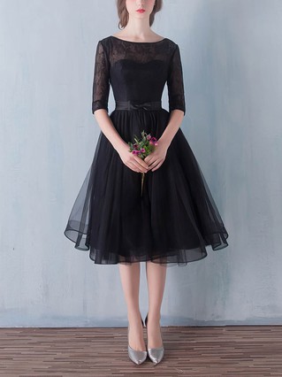 Black A-line Scoop Neck Lace Tulle Knee-length Sashes / Ribbons 1/2 Sleeve Simple Short Prom Dresses #Favs020102872 Black A-line Scoop Neck Lace Tulle Knee-length Sashes / Ribbons 1/2 Sleeve Simple Short Prom Dresses #Favs020102872