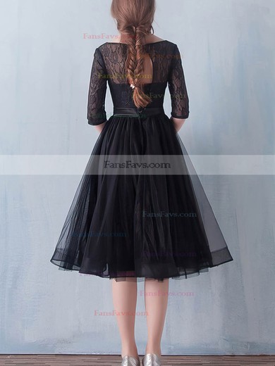 Black A-line Scoop Neck Lace Tulle Knee-length Sashes / Ribbons 1/2 Sleeve Simple Short Prom Dresses #Favs020102872