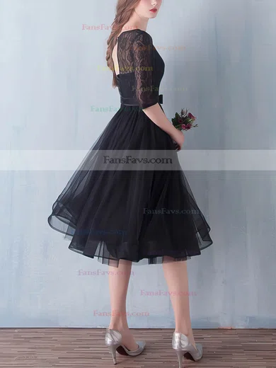 Black A-line Scoop Neck Lace Tulle Knee-length Sashes / Ribbons 1/2 Sleeve Simple Short Prom Dresses #Favs020102872