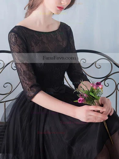 Black A-line Scoop Neck Lace Tulle Knee-length Sashes / Ribbons 1/2 Sleeve Simple Short Prom Dresses #Favs020102872
