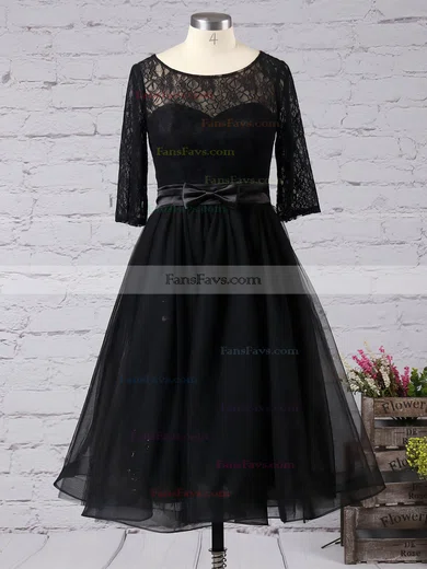 Black A-line Scoop Neck Lace Tulle Knee-length Sashes / Ribbons 1/2 Sleeve Simple Short Prom Dresses #Favs020102872