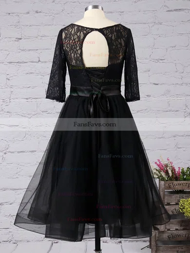 Black A-line Scoop Neck Lace Tulle Knee-length Sashes / Ribbons 1/2 Sleeve Simple Short Prom Dresses #Favs020102872