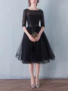 Black A-line Scoop Neck Lace Tulle Knee-length Sashes / Ribbons 1/2 Sleeve Simple Short Prom Dresses #Favs020102872