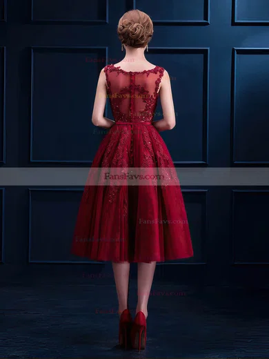 A-line Scoop Neck Tea-length Tulle Prom Dresses with Appliques Lace Sashes #Favs020103698