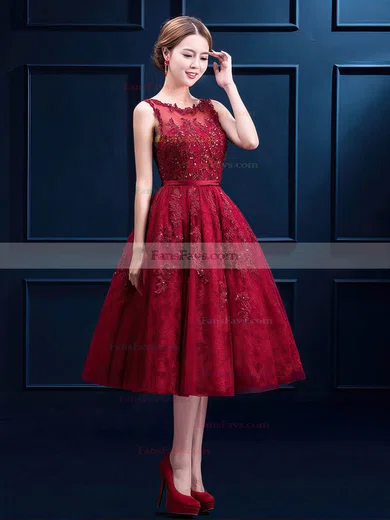 A-line Scoop Neck Tea-length Tulle Prom Dresses with Appliques Lace Sashes #Favs020103698