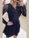 New A-line Scoop Neck Lace Tulle Short/Mini Beading Dark Navy Long Sleeve Prom Dresses #Favs020103709