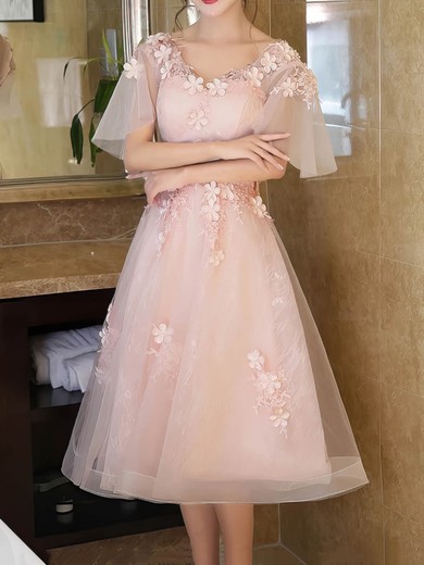 Princess V-neck Lace Tulle Tea-length Appliques Lace Prom Dresses #Favs020105819