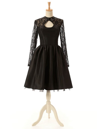 Elegant A-line Scoop Neck Lace Tulle Silk-like Satin Knee-length Long Sleeve Black Short Prom Dresses #Favs020102516
