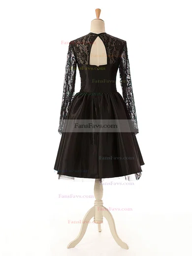 Elegant A-line Scoop Neck Lace Tulle Silk-like Satin Knee-length Long Sleeve Black Short Prom Dresses #Favs020102516