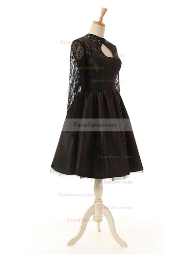 Elegant A-line Scoop Neck Lace Tulle Silk-like Satin Knee-length Long Sleeve Black Short Prom Dresses #Favs020102516