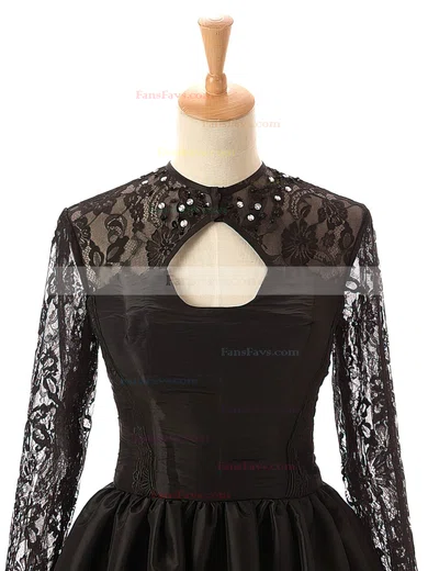 Elegant A-line Scoop Neck Lace Tulle Silk-like Satin Knee-length Long Sleeve Black Short Prom Dresses #Favs020102516